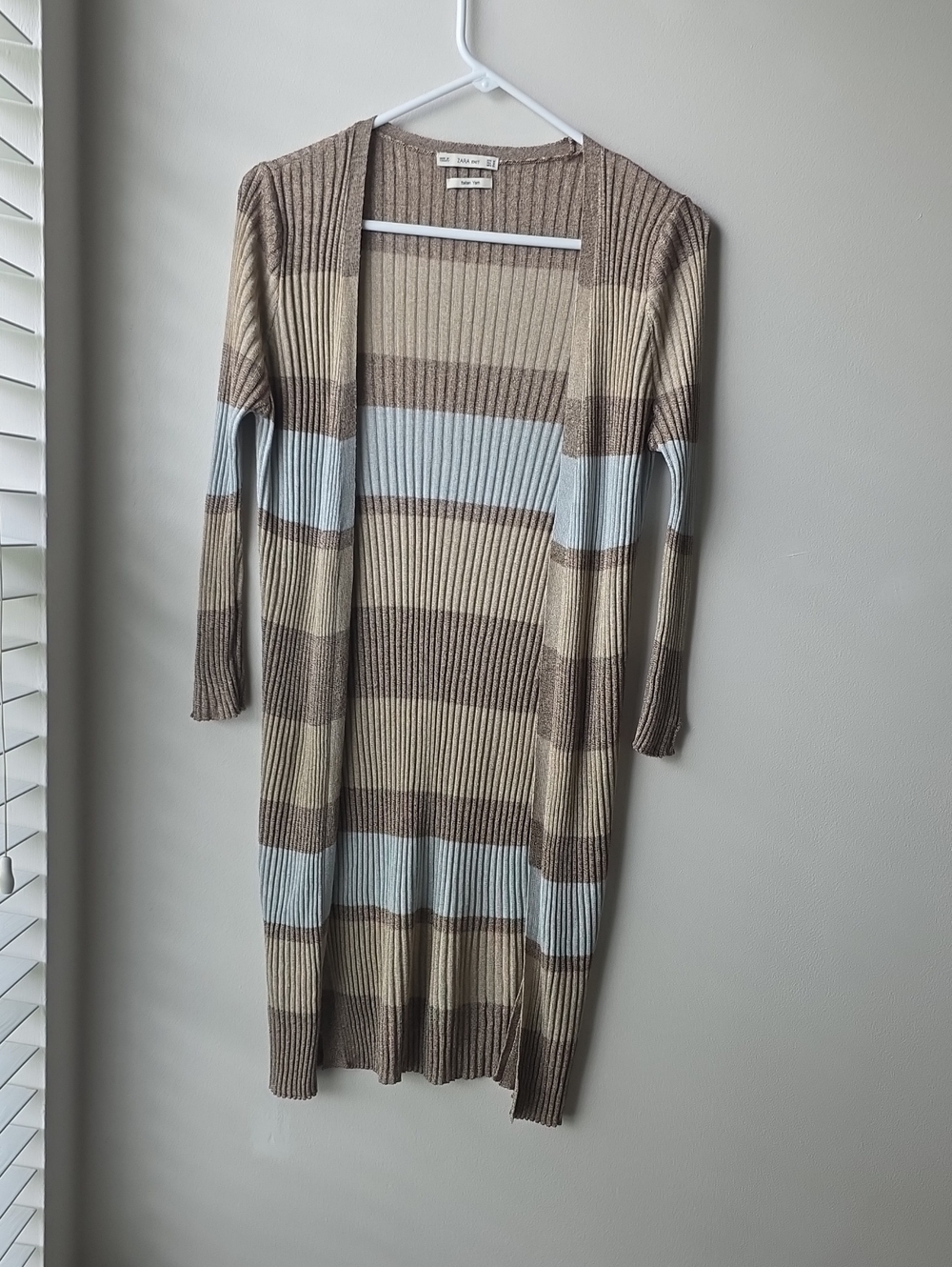 Zara Ribbed Long Cardigan in Brown, Cream & Light Blue